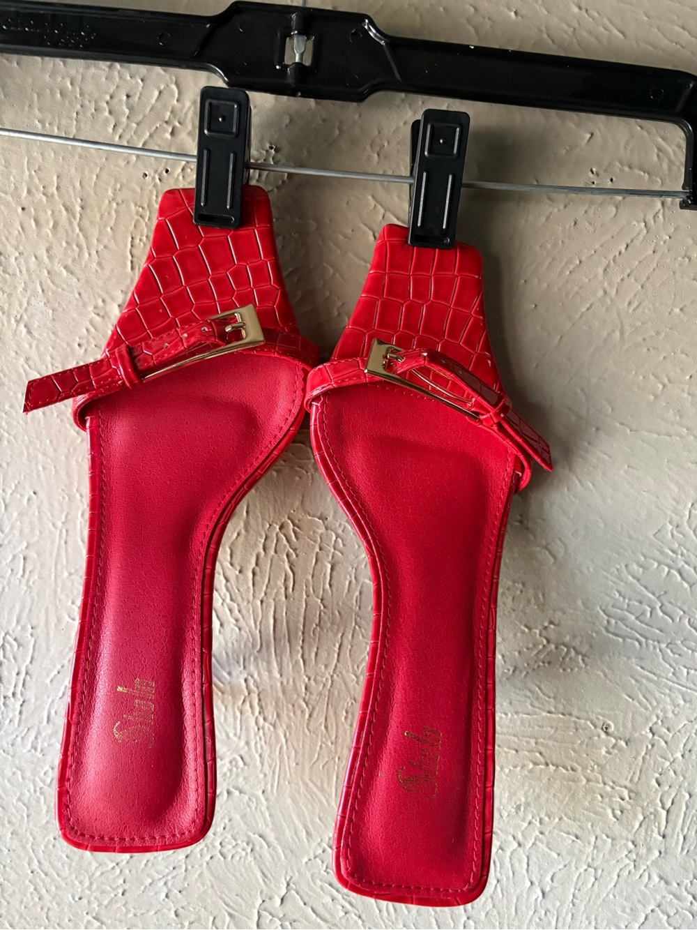 Red Croc-Effect Slide Mules with Gold Buckle